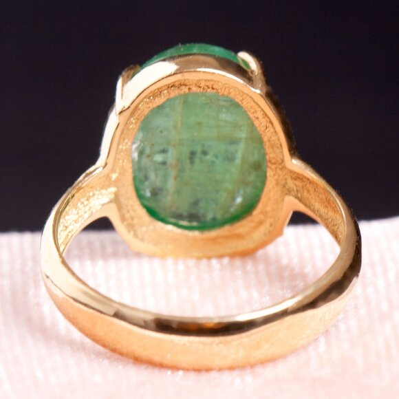 18K Gold Natural Green Emerald Cabochon Ring SZ 7.5 – Vintage Statement Gemstone - Picture 5 of 6